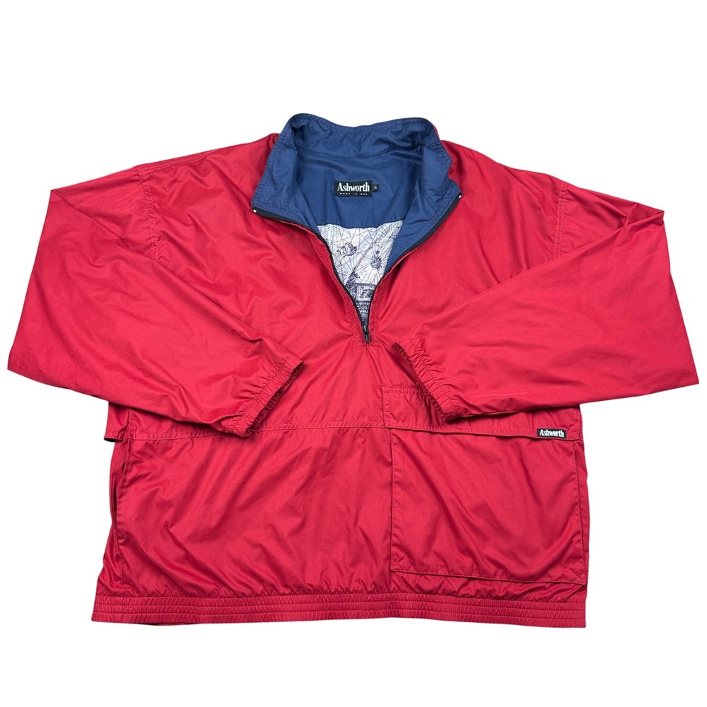 Ashworth Mens Red Quarter Zip Windbreaker Map Print Lining Jacket Made in USA L